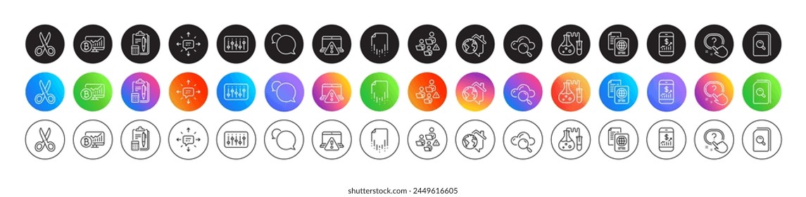 Online warning, Recovery file and Dj controller line icons. Round icon gradient buttons. Pack of Teamwork, Work home, Passport document icon. Vector