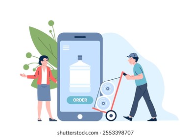 Online water delivery order. Courier transported big plastic bottles for office cooler and female client. Drinking transportation, recent vector scene