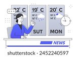 Online weather forecast or broadcast concept. Presenter pointing to the data in the temperature chart behind her back. Meteorology newscast. Meteorological news and announcement. Vector illustration