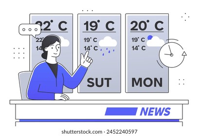 Online weather forecast or broadcast concept. Presenter pointing to the data in the temperature chart behind her back. Meteorology newscast. Meteorological news and announcement. Vector illustration