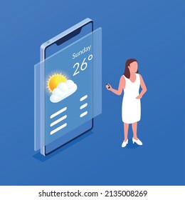 Online weather forecast on smartphone screen isometric composition with female character of presenter on blue background 3d vector illustration