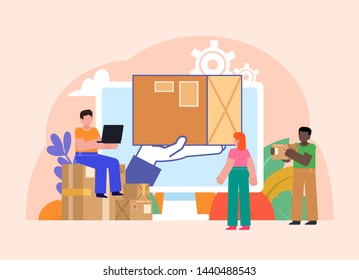 Online web app for delivery, courier service. People stand near big package, parcel box coming out of screen. Poster for web page, banner, presentation, social media. Flat design vector illustration