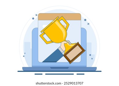 Online-Web-Award-Konzept oder digitale Internet-Website Gewinner Preis auf Laptop-Computer, flache Cartoon gewinnt Gold-Trophäe, Meisterschaft Wettbewerb Preis, Wettbewerb Herausforderung Gewinner.
