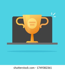Online web award vector icon or digital winner internet prize achievement with victory golden cup trophy on laptop computer flat cartoon illustration, championship competition contest or challenge