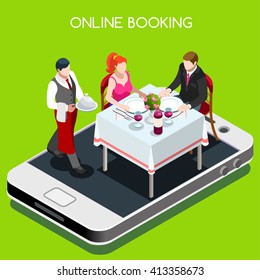 Online Web Book Dining Table Dinner Reservation Stylish Smartphone Mobile  Phone. 3D Flat Infographic Isometric Tablet People Man Online Reserved Dinner Restaurant. Isometric Cafe Vector Illustration