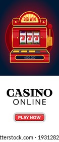 Online web casino banner. Slot machine on blue background. Jackpot banner. Advertising poster set online web casino