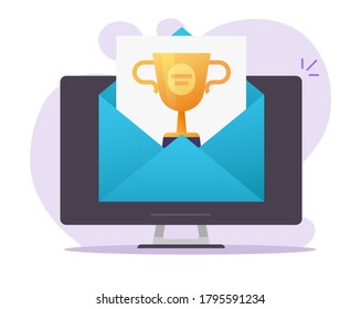 Online web digital gift award email received on computer vector icon, electronic mail winner internet prize achievement, victory golden cup trophy, championship competition, contest win modern