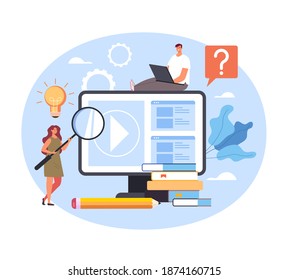 Tutoriales de video de clase de aprendizaje de educación en internet en línea. Ilustración gráfica plana de concepto vectorial