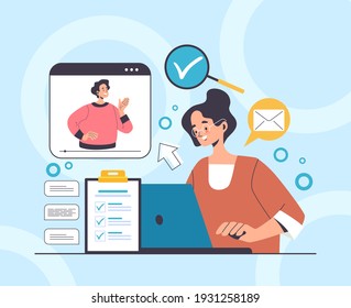 Online web internet job interview recruiting head hunting human resources concept. Vector flat graphic design illustration