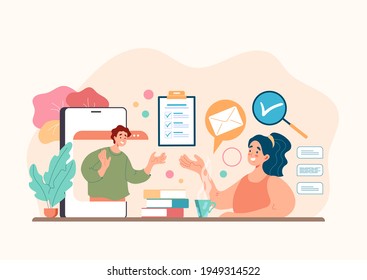Online web internet job interview recruiting head hunting human resources concept. Vector flat graphic design illustration