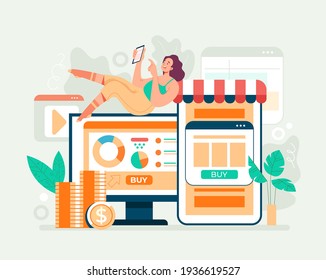 Online web internet shopping trading e commerce concept. Vector flat cartoon graphic design illusration