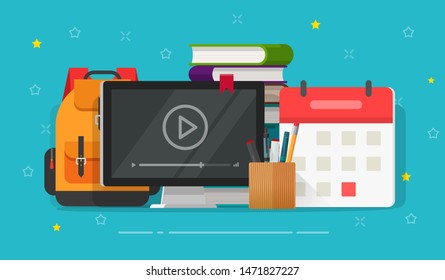 Online web learning courses flat cartoon or video study via webinar on computer screen on table, remote or distance education technology, educational concept on work desk table vector modern design