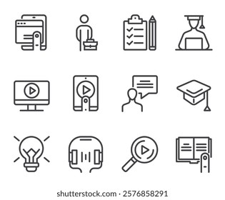 Online web learning distance education line isolated simple icon set. Vector flat graphic design illustration