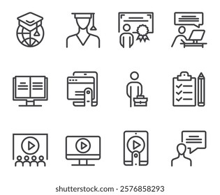 Online web learning distance education line isolated simple icon set. Vector flat graphic design illustration