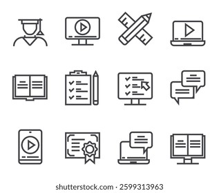 Online web learning distance education line isolated simple icon set. Vector flat graphic design illustration