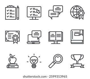 Online web learning distance education line isolated simple icon set. Vector flat graphic design illustration