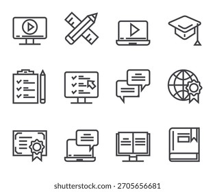 Online web learning distance education line isolated simple icon set. Vector flat graphic design illustration
