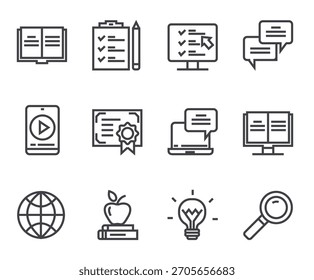 Online web learning distance education line isolated simple icon set. Vector flat graphic design illustration