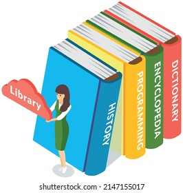 Online web library education documentation learning. Reading books and literature online. Girl near electronic library icon vector illustration. Woman stands by pile of books and textbooks for study