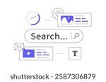 Online web search service. Using browser search engine to find answers to questions, explore internet. Flat Cartoon Vector Illustration, icon. Stylish abstract