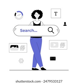 Online web search service. Using browser search engine to find answers to questions, explore internet. Vector illustration with line people for web design.	
