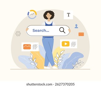 Online-Websuchdienst. Verwenden Sie Browser-Suchmaschine, um Antworten auf Fragen zu finden, erkunden Sie das Internet. Flache Vektorgrafik.	
