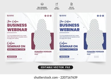 Online web seminar and conference invitation template vector with lavender and blue colors. Business agency webinar template design for digital marketing. Webinar social media post vector.