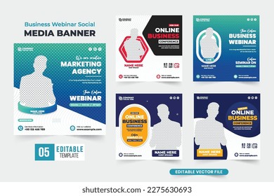 Online web seminar social media post template collection with blue and red colors. Business conference and seminar invitation template bundle for marketing. Modern business promotion poster set vector