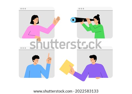 Online web service windows with characters on the screen. Online helpers: greeting, searching, solving, transferring. Vector illustration in flat style