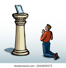 Online web site AI screen temple column stand god idol young woman use ask look devot spirit cult pillar podium base view. Hand drawn market finance desktop logo modern line sketch art style sign icon