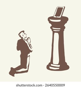 Online web site AI screen temple column stand god idol young woman use ask look devot spirit cult pillar podium base view. Hand drawn market finance desktop logo modern line sketch art style sign icon