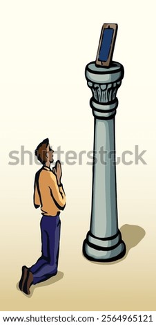 Online web site AI screen temple column stand god idol young woman use ask look devot spirit cult pillar podium base view. Hand drawn market finance desktop logo modern line sketch art style sign icon