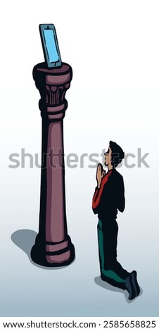 Online web site AI screen temple column stand god idol young woman use ask look devot spirit cult pillar podium base view. Hand drawn market finance desktop logo modern line sketch art style sign icon