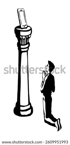 Online web site AI screen temple column stand god idol young woman use ask look devot spirit cult pillar podium base view. Hand drawn market finance desktop logo modern line sketch art style sign icon