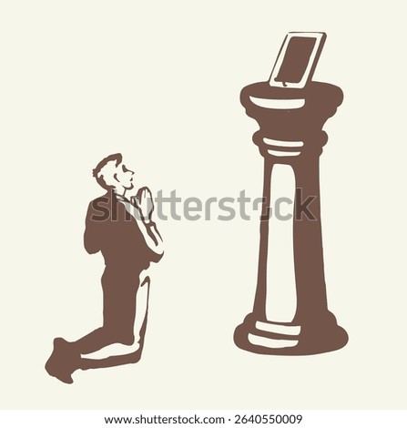 Online web site AI screen temple column stand god idol young woman use ask look devot spirit cult pillar podium base view. Hand drawn market finance desktop logo modern line sketch art style sign icon