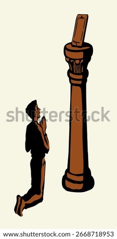 Online web site AI screen temple column stand god idol young woman use ask look devot spirit cult pillar podium base view. Hand drawn market finance desktop logo modern line sketch art style sign icon