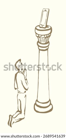 Online web site AI screen temple column stand god idol young woman use ask look devot spirit cult pillar podium base view. Hand drawn market finance desktop logo modern line sketch art style sign icon