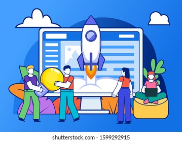 Online web startup. Group of people stand near big web page, new website launch. Poster for social media, web page, banner, presentation. Flat design vector illustration