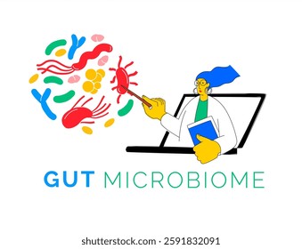 Online webinar about gut health microbiome bacteria. Gut Health concept focusing on digestive well-being. Vector flat style Illustration. Vector flat style Illustration