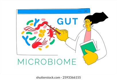 Online webinar about gut health microbiome bacteria. Gut Health concept focusing on digestive well-being. Vector flat style Illustration. Vector flat style Illustration