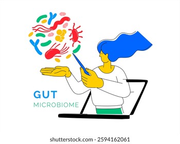 Online webinar about gut health microbiome bacteria. Gut Health concept focusing on digestive well-being. Vector flat style Illustration. Vector flat style Illustration