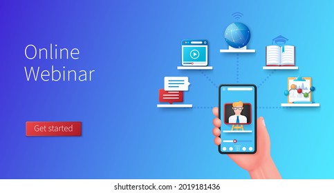 Banner de un seminario web en línea. Burbujas de voz, ventana del reproductor de vídeo, iconos de libro, gráfico y diagrama. Concepto de educación en línea. Ilustración de vector web en estilo 3D