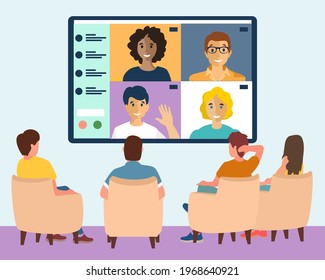 Online webinar in big city concept vector illustration. Men and Women sit in conference room and look at big screen. Internet conference, people chatting on big digital screen. Flat design vector