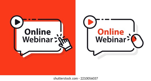 Online webinar button. Online webinar, vector design element with play button. Internet education. Online meeting. Social media webinar. Live video streaming, web conference. Vector illustration