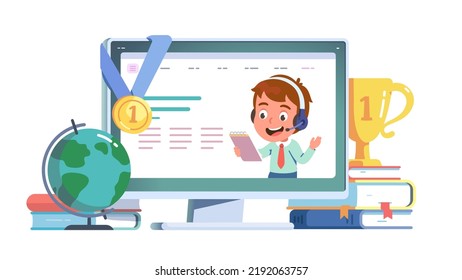 Online webinar class lesson on pc screen. Distance education. Teacher man person teaching remotely by video call on desktop computer. E-learning, best quality remote education flat vector illustration