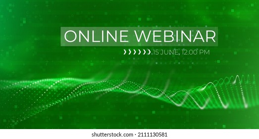 Online webinar concept. Abstract green particle background. Flow wave with dot landscape. Digital data structure. Future mesh or sound grid. Pattern point visualization.