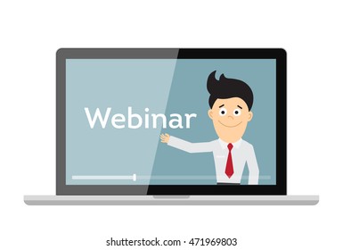 Online webinar concept. Laptop monitor with teacher, tutor, businessman. Online learning or e-learning.