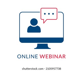 Online webinar concept, online learning, web conference, distance education, online course, video lecture, work from home icon with studet, teacher, chat and speech bubble