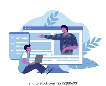 Concepto de seminarios web en línea. Hombre con portátil se sienta y observa el video de entrenamiento en Internet. El profesor o profesor imparte clases a distancia en la escuela o en la universidad. Dibujo vectorial plano de dibujos animados