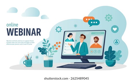Online webinar concept, video conference via computer screen, vector flat illustration